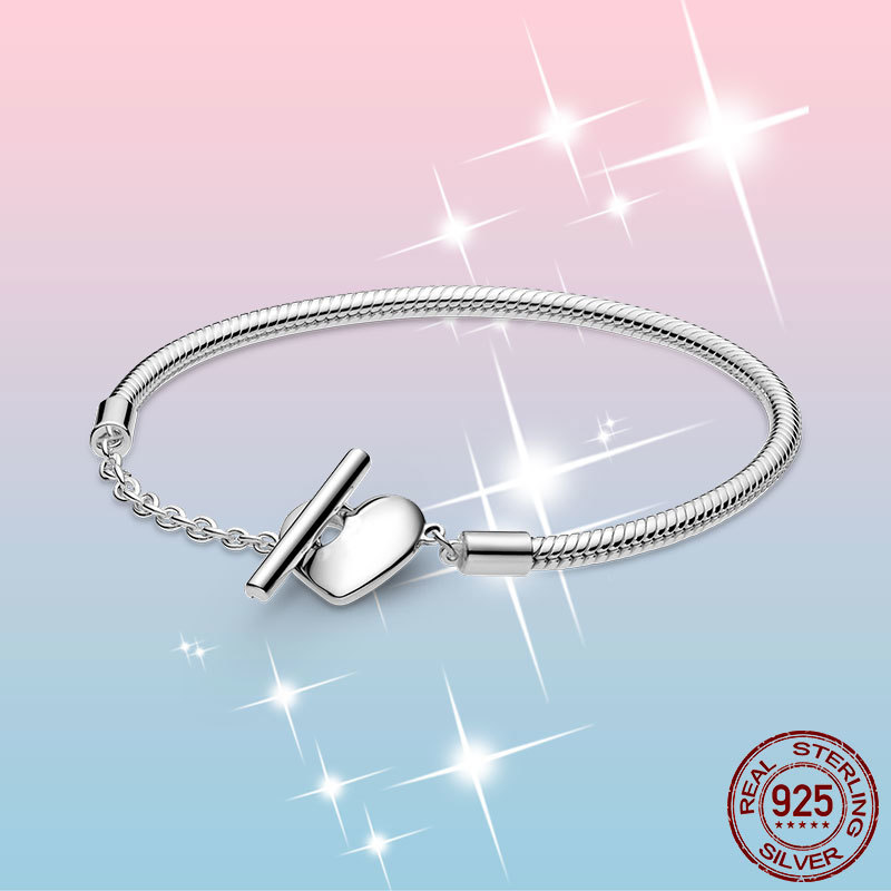 

Femme Bracelet 925 Sterling Silver Moments Heart T-Bar Snake Chain Bangle for Women Fine Jewelry Gift Pulseira