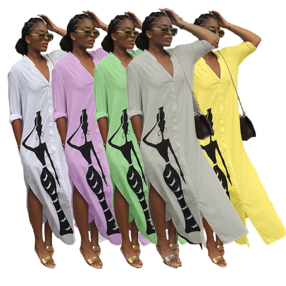 

Character Print Casual Plus Size Dress Women Fashion Double Side Split Loose Dress Spring Long Sleeve Buttons Maxi Blouses Robe, Green