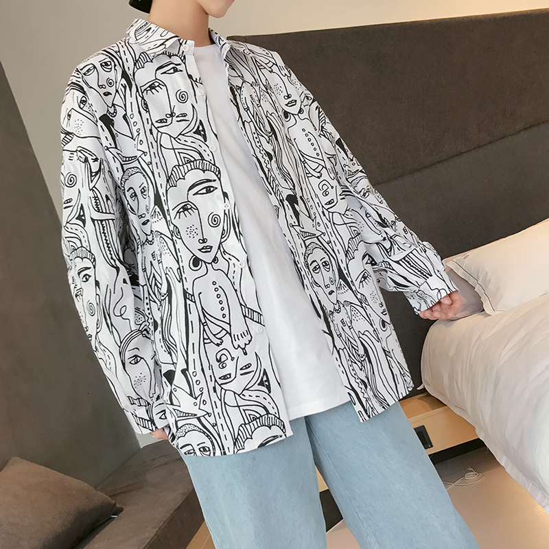 

2021 New Men's White Slim Fit Cotton Clothes Hawaiian Doodle Printing Long Sleeve French Cuff Fashion Hip-hop Style Shirts M-2xl Wqm9