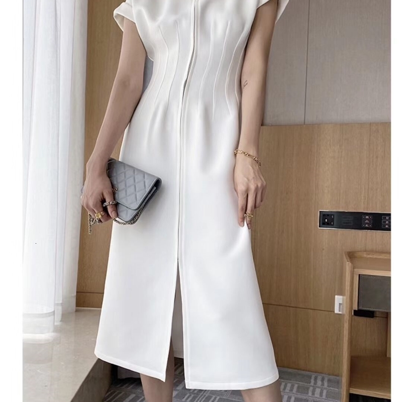 Casual Dresses Elegant O-neck Short Sleeve Front Zipper Female Midi Office Ladies Slim Waist Split Women Workwear HHOJ-image-702347102