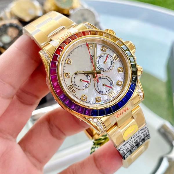 

rainbow raytona men's watch day date watches mechanical automatic gold/silver steel copy wristwatches wristwatch fashion pattern 316Steel Rbow, Slivery;brown