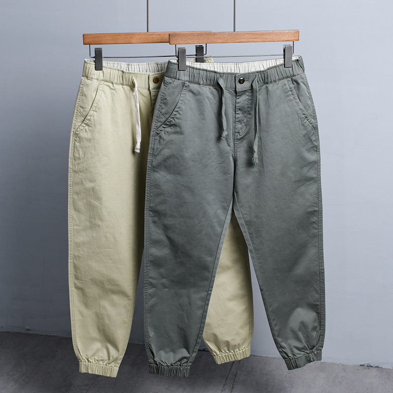 

2021 New Style Spring Cotton Casual Pants Solid Loose Waist Ankle-length Trousers for Men Trendy Comfortable Men's Clothes 6d85, Green