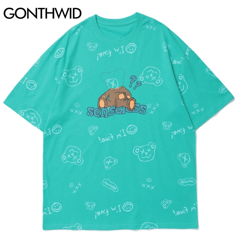 

Tees Shirts Funny Graffiti Bear Print Harajuku Tshirts Streetwear Mens Fashion Hip Hop Casual Cotton Short Sleeve Tops 210602, White