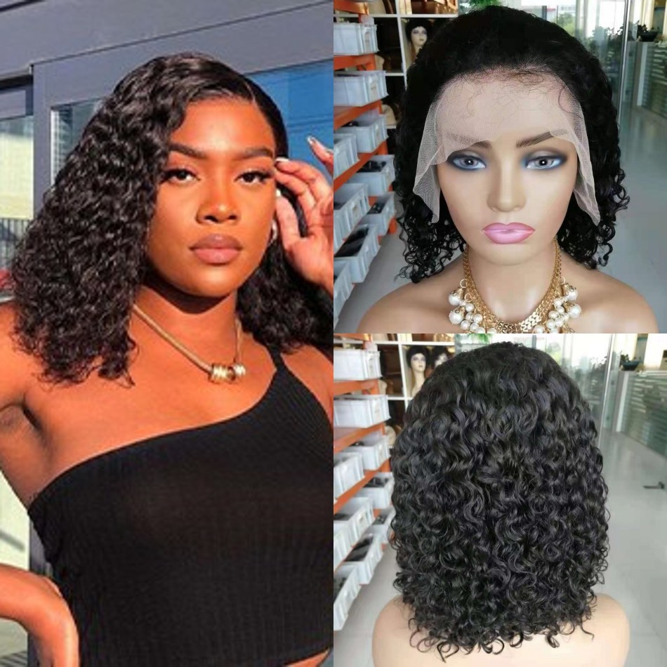 

Brazilian Water Wave Bob Wigs 13x4 Curly Short Remy Human Hair Lace Front Wig Preplucked Hairline 150% For Black Women, Natural color
