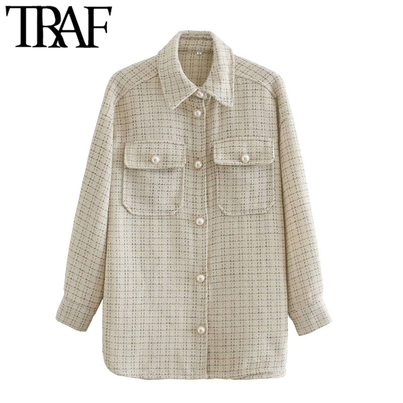 

TRAF Women Fashion Oversized Faux Pearl Buttons Jacket Coat Vintage Long Sleeve Pockets Female Outerwear Chic Tops, As picture