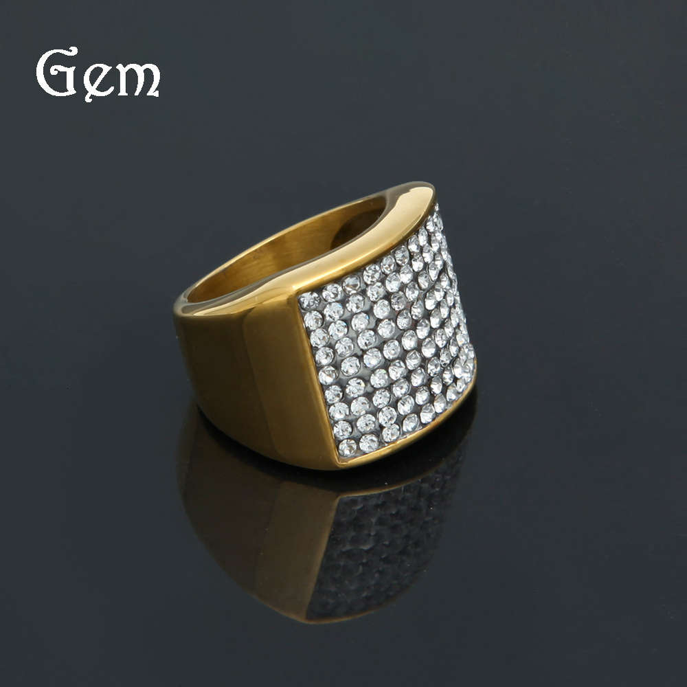 

Hiphop wind inlaid diamond ring men's gold plated ring stainless steel finger ring