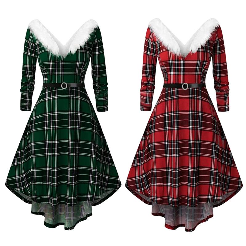 

Casual Dresses Fashion Christmas Women Long Sleeve V Neck Furry Dress Patchwork Cocktail Holiday Party Flare, Green