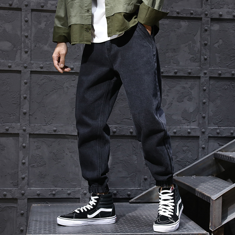 

2021 New Japanese Vintage Fashion Loose Fit Spliced Designer Denim Cargo Pants Homme Streetwear Hip Hop Harem Jeans Men Joggers Aaxp, Black