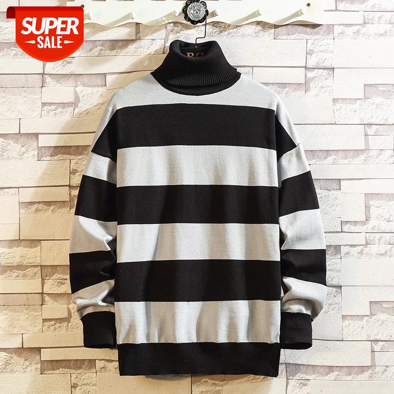 

Turtleneck Sweaters Men Knitted Mens Striped Casual Sweaters High Neck Knitwear Sweater Tops Fashion Loose Pullovers Men Clothes #S91K, White;black