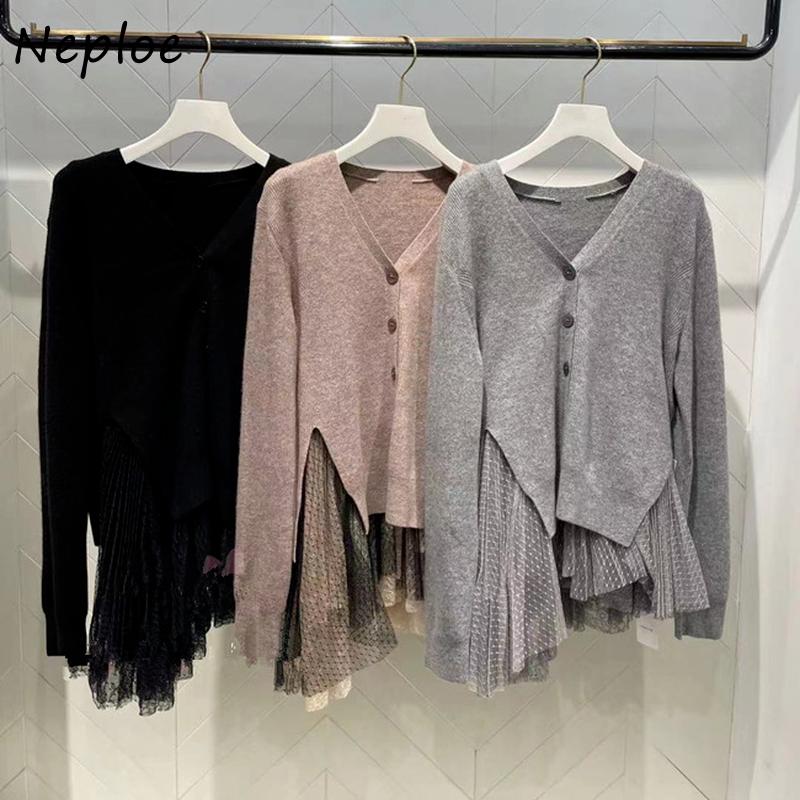 

Women's Knits & Tees Neploe 2021 Autumn Winter Women Sweaters Fashion Knitted Top V Neck Solid Side Split Cardigan With Irregular Mesh Camis, White