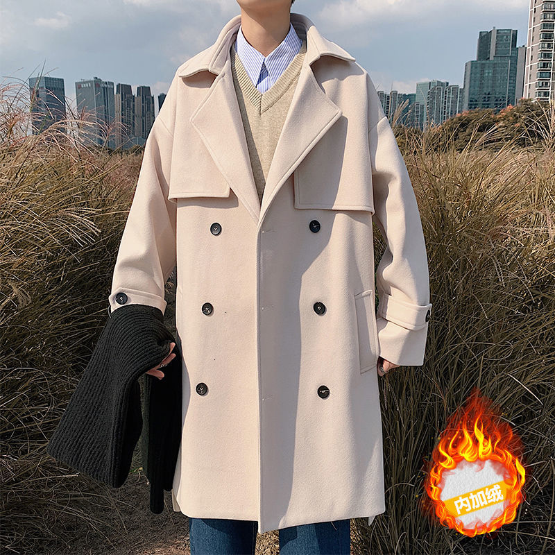 

2021 New Winter Plus Veet Warm Fashion Long Men Oversize Woolen Coat Mens Overcoat Ftet, Khaki