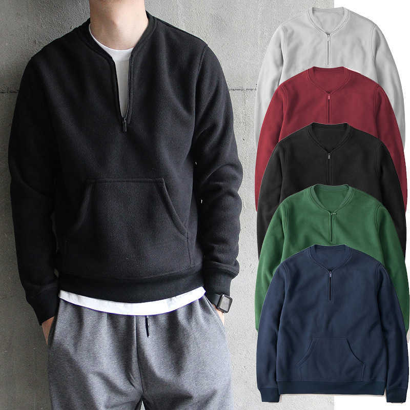

2021 New Round Neck Pullover Long Sleeve Men's Sweatshirt Solid Color Zipper Thread European American Casual Top Men's Clothing X0610, Black