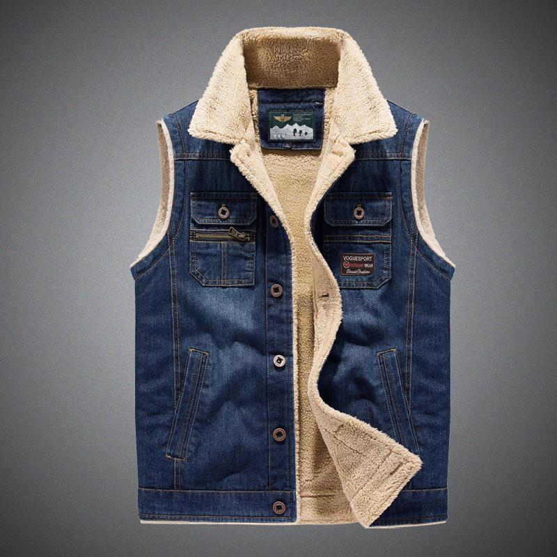 

Men's Vests Classic Denim Vest Coats Autumn Winter Plus Velvet Warm Casual Jean Waistcoat Male Sleeveless Cowboy Jackets Outerwear, Black