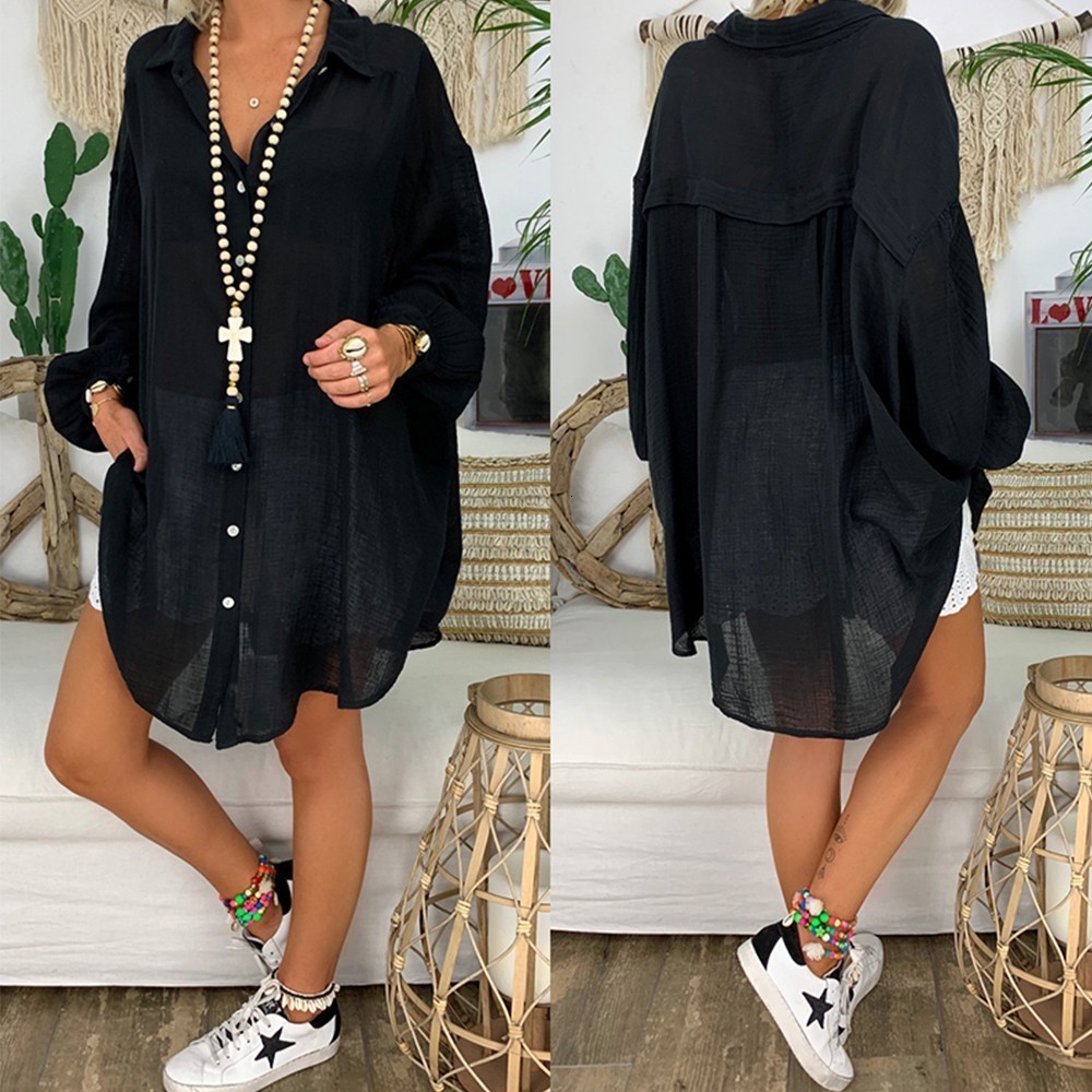 

2021 New Cotton Linen Womens Tops Blouses Plus Size Long Sleeve Turn Down Collar Female Tunic Beach Thin Autumn Shirts Casual Lady Blusas G6, Black