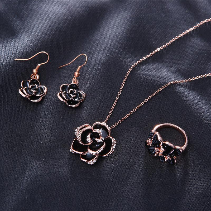 

Earrings & Necklace Enamel Jewelry Dance Party Gifts Black Camellia Ring Drop Pendant 3pc Set, Silver