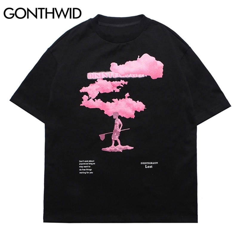 

Tshirts Streetwear Harajuku Hip Hop Pink Cloud Print Tees Shirts Fashion Summer Casual Cotton Loose Tops 210602, Black