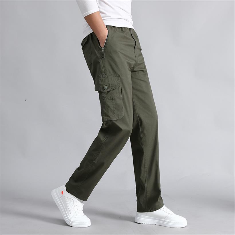 

casual trousers cotton women pants elastic waist long len multi pocket plus tall 5xl clothing big size cargo sporting, Black