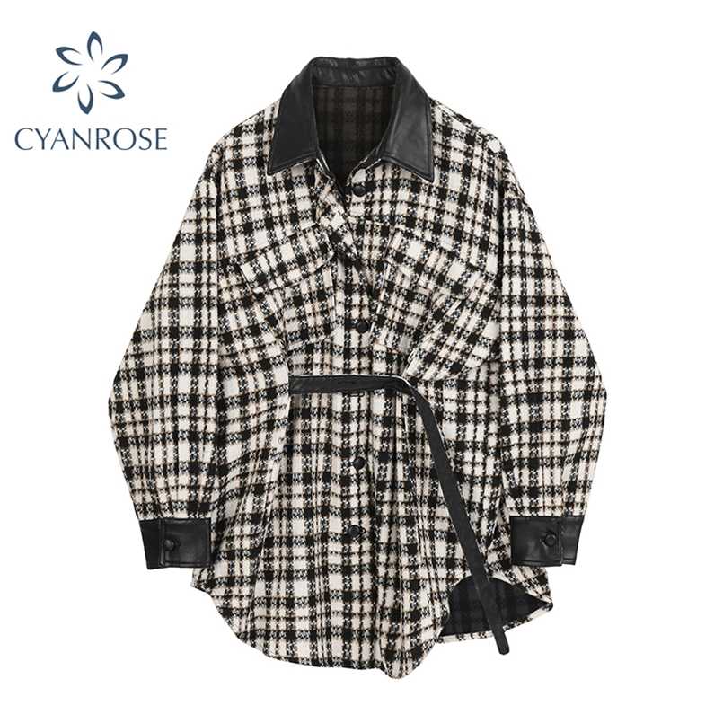 

Autumn Tweed Stitching Pu Leather Plaid Jacket For Women Streetwear Lapel Single-breasted Woolen Coat With Belt Female 211110, Black white