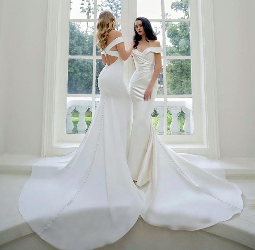 

2021 Vestidos De Noiva Elegant Ivory A-line Sweetheart Satin Wedding New Off the Shoulder Illusion Back Bridal Gown Plus Size Kyp4, White