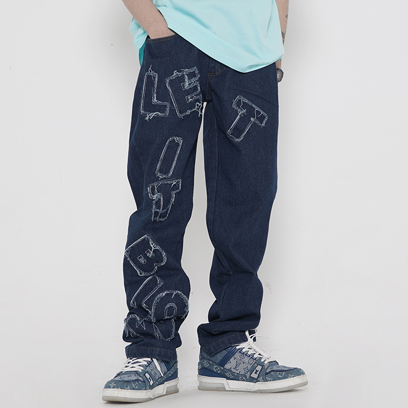

2021 New High Street Carta Bordado Desgastado Fringe Jeans Dos Homens Lavados Oversize Casual Denim Reta Solto Baggy Jean Calas Mqhs, Black