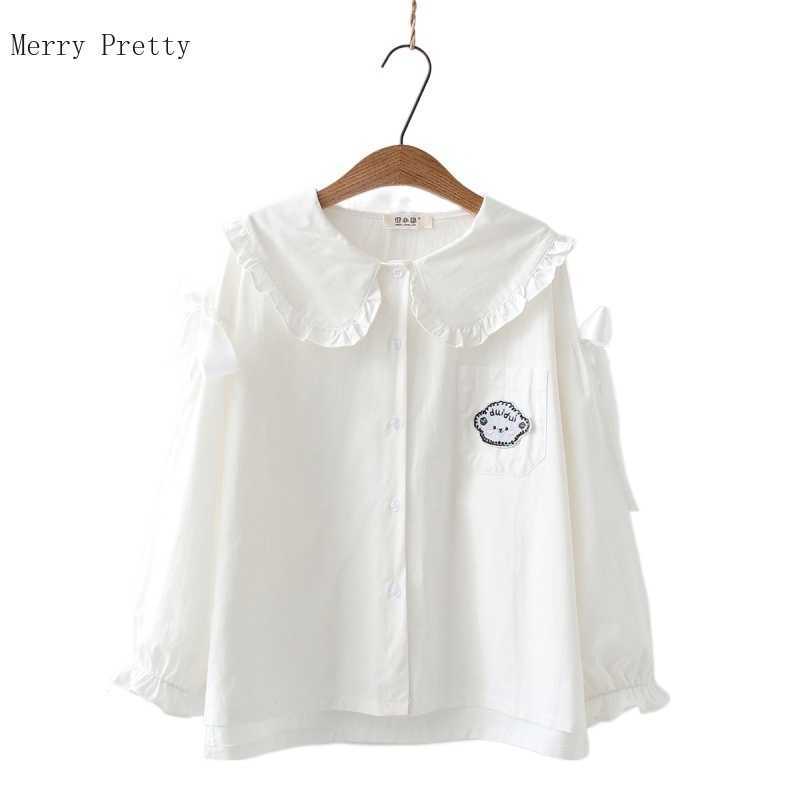 

White Blouse Harakuju Cartoon Graphic Appliques Casual Shirts Women Summer Full Sleeve Peter Pan Collar Lace Up Cotton Top 210526