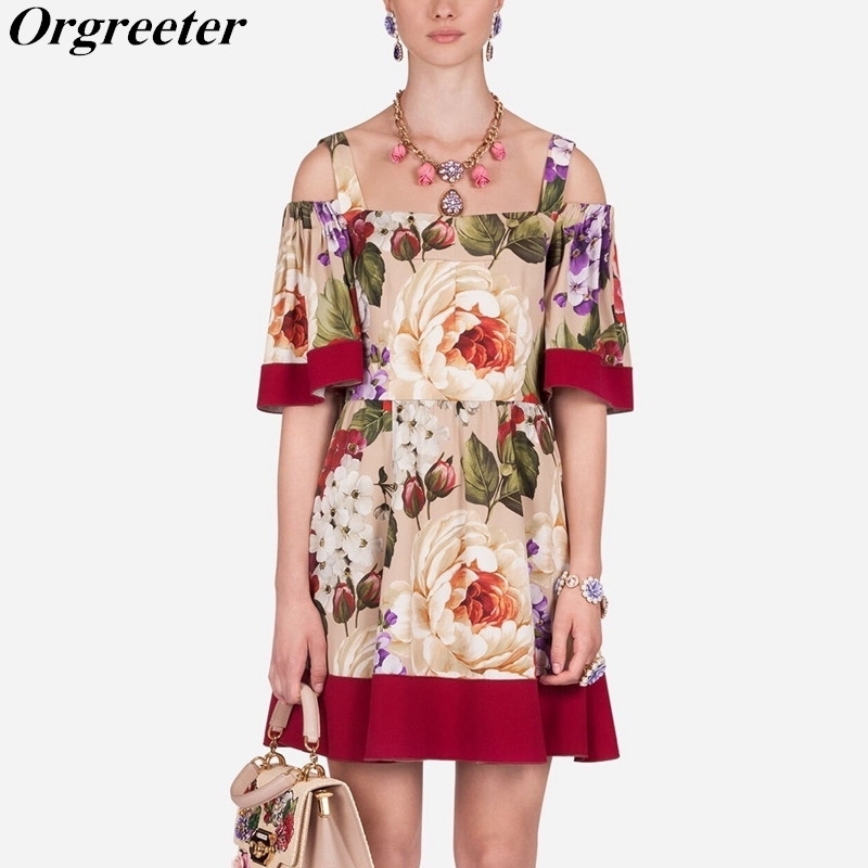 

Runway Summer Women's Short Dress Sexy Off shoulder Spaghetti Strap Flower Printted Female Vintage Holiday Party 210525, Picture color