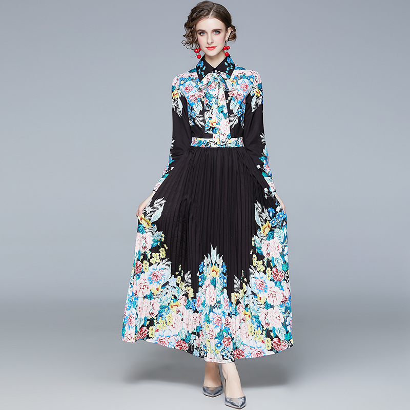 Spring Fall Baroque Floral Print Bow Lace Patchwork Long Sleeve Women Midi Dress