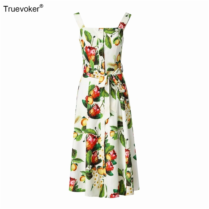 

Truevoker Summer Runway Fashion Women Holiday Dress Lady Fruit Print Front Button Tied Waist Spaghtti Strap Vestidos 210602, White