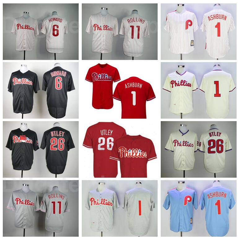 

Retro Baseball 26 Chase Utley Jersey Retire 6 Ryan Howard 11 Jimmy Rollins 1 Richie Ashburn White Red 1921 1948 1950 1983 Vintage, Blue;black