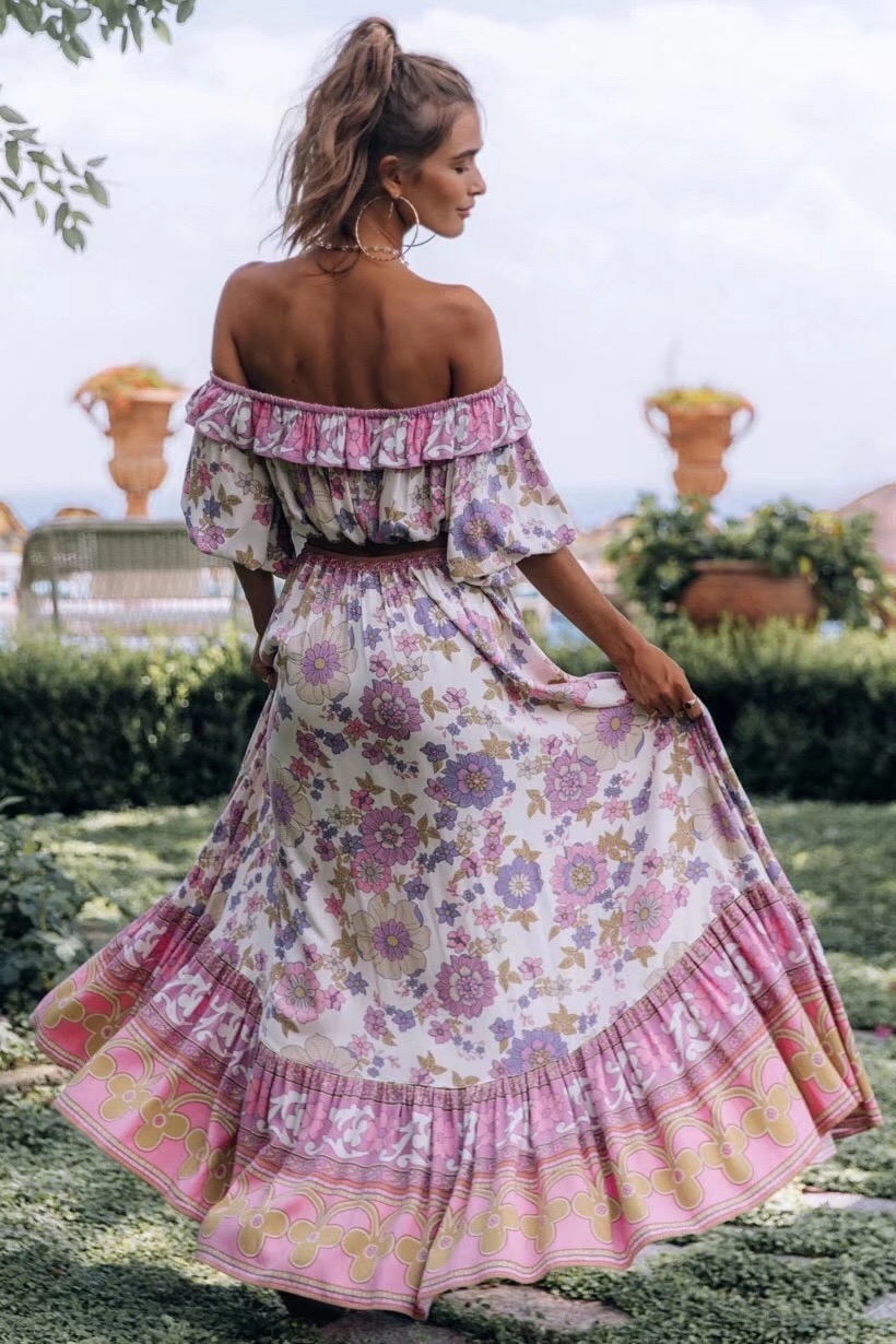 

Bohemia Ruffle Elastic Slash neck Floral Print Pullover Shirt Women High Waist Maxi Long Skirt Pink Holiday 2 Pieces Set, Red