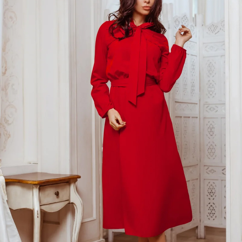 

2021 Women New Faishon Long Elegant Bow Collar Lantern Sleeve Belt Slim Party Solid Vintage Soft Autumn Onep, Red