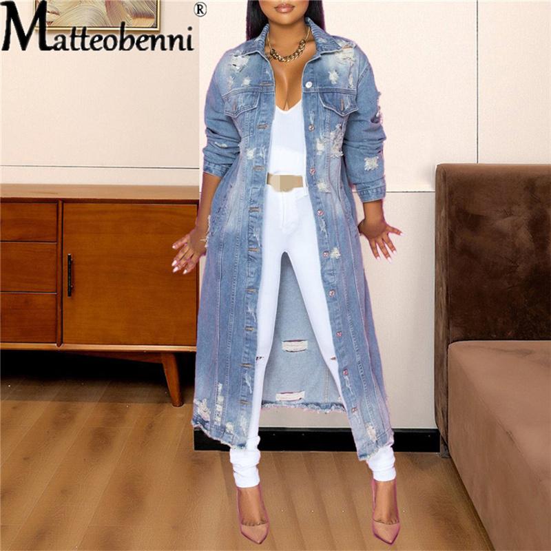 

Women' Jackets 2021 Spring And Autumn Retro Button Denim Jacket Ladies Lapel Stand Collar Slim Fringed Ripped Street, Blue