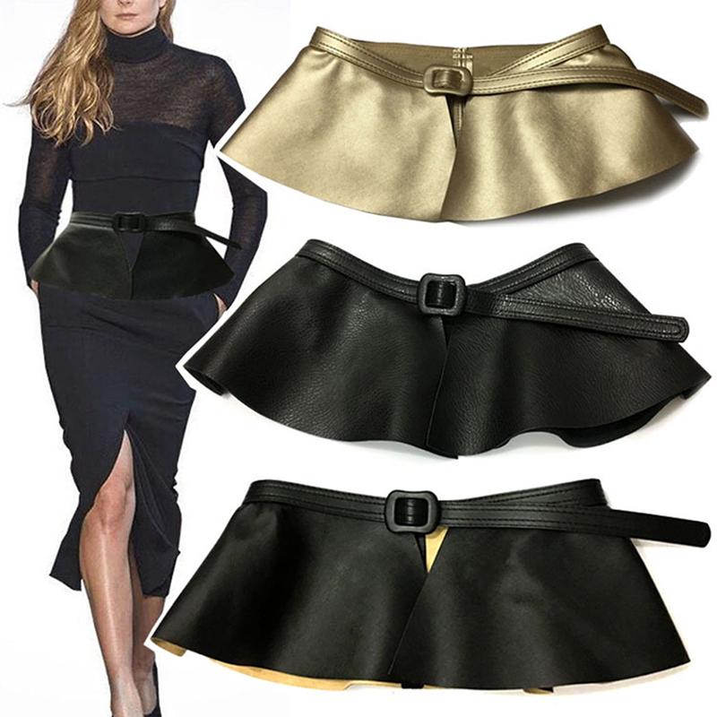 

Belts Wide Gold Black Belt Women Metal Decorated Pu Leather Ruffle Skirt Peplum Waistband Cummerbunds Female Dress Strap Girdle