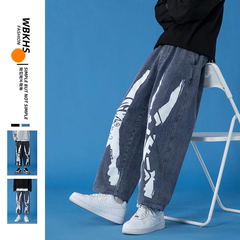 

Men's Jeans Personality Printed Black 2021 Denim Street Style Hip-hop Pants Blue Trousers Plus Size Overalls