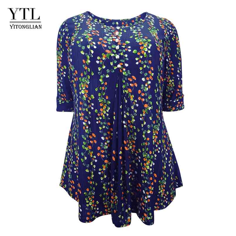 

YTL Plus Size Summer Tops for Women Floral Print Half Sleeve Casual Blouses Female Vintage Button Loose Tunic Shirt H106 210831, Blue
