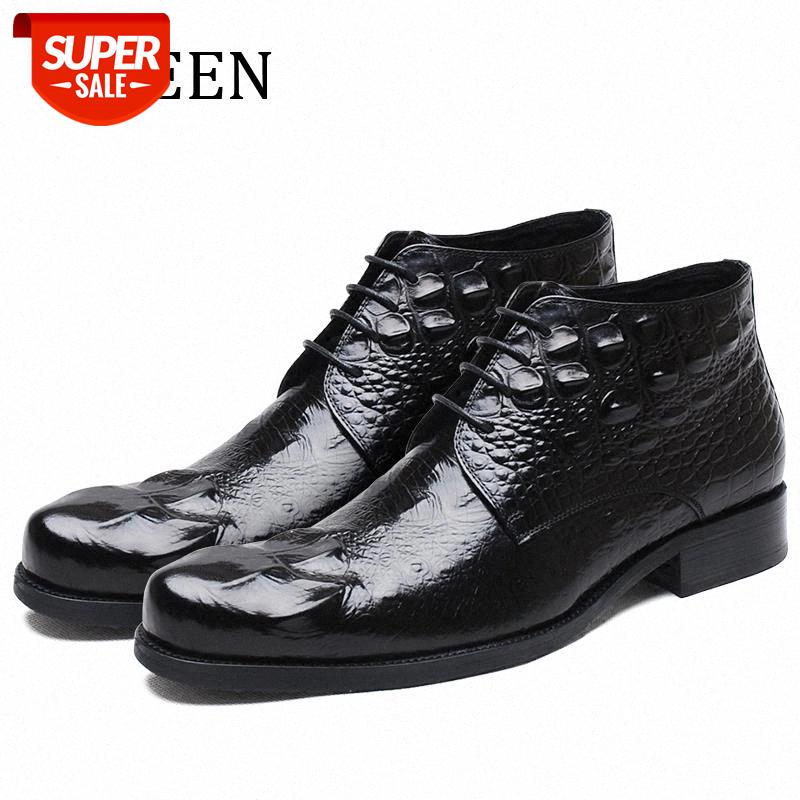 

YWEEN Men Leather Boots Crocodile Pattern Fashion Men Business Dress Boots Round Toe Lace up Formal Shoes Luxury shoes #ot60