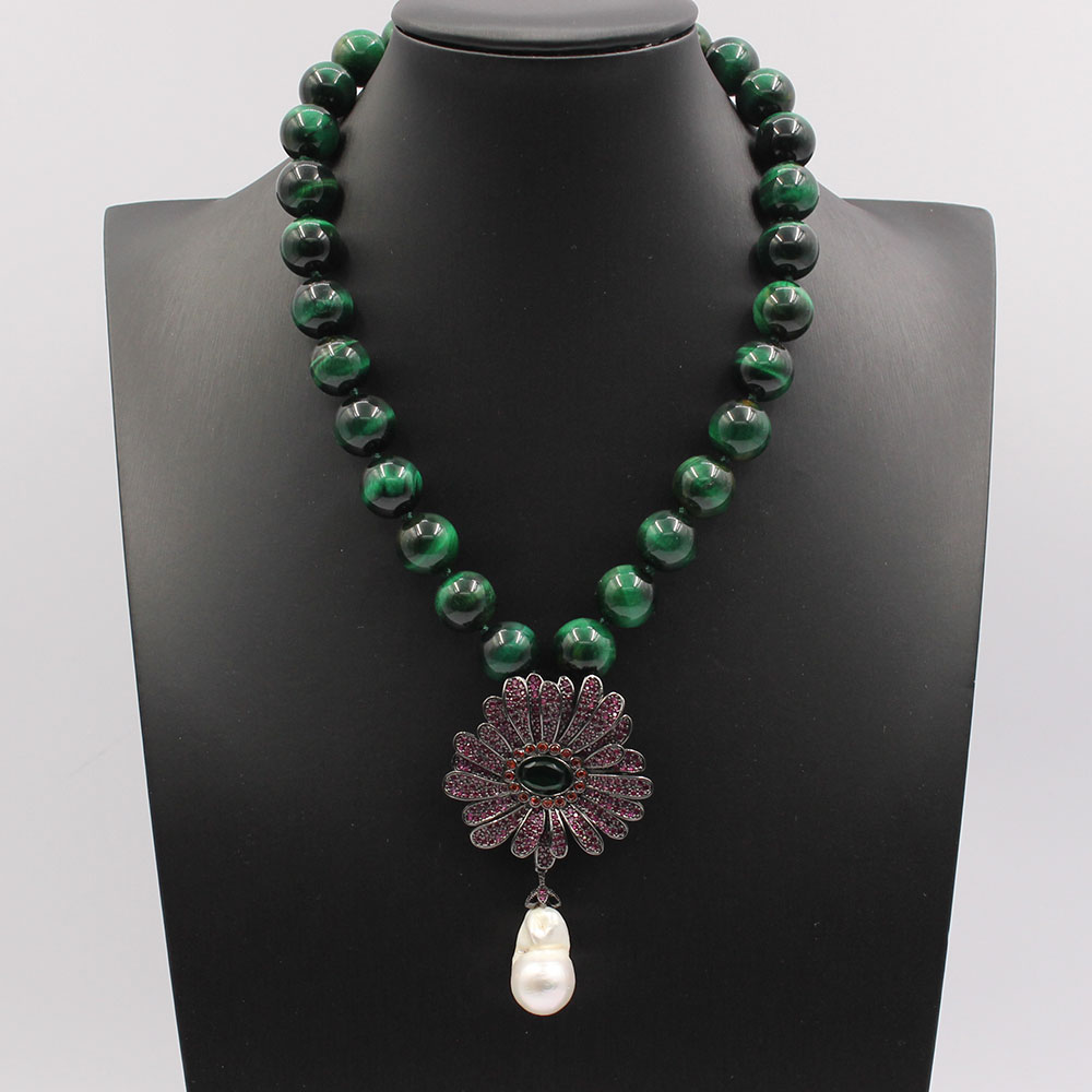 

GuaiGuai Jewelry 18" 14mm Green Tiger Eye Round Necklace White Keshi Pearl Cz Gunmetal Gold plated Flower Pendant Necklace For Women
