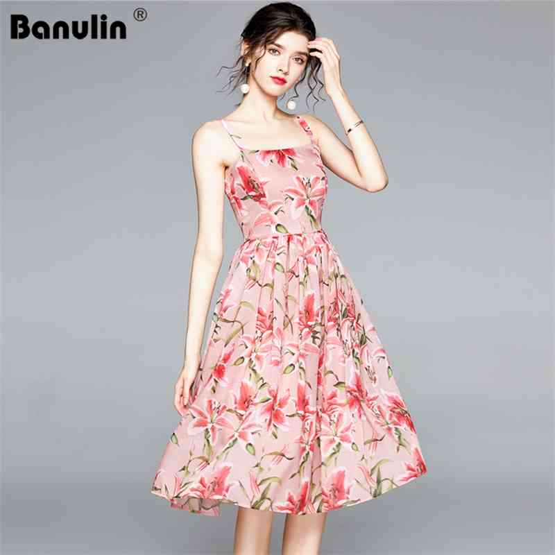 

Banulin Summer Fashion Runway Party Dress Women Spaghetti Strap Floral Print Boho Holiday Beach Knee-Length 210603, Pink