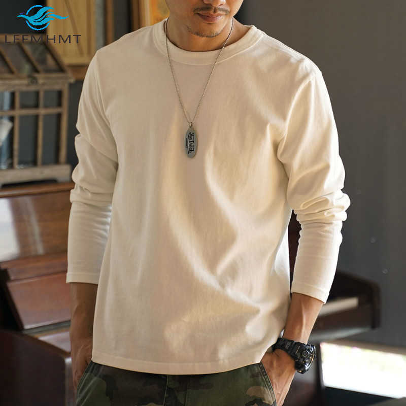 

340g Heavyweight Male Solid Color Long Sleeve High Quality Thick Cotton T-shirt Men Casual Loose Japan Style Minimalist Tops Tee 210629, White