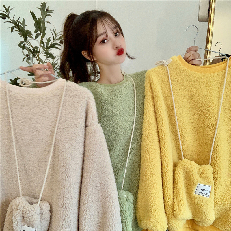 

2021 New Winter Casual Fake Lambswool Kawaii Solid o Neck Sweatshirts Women Lrnk, 01