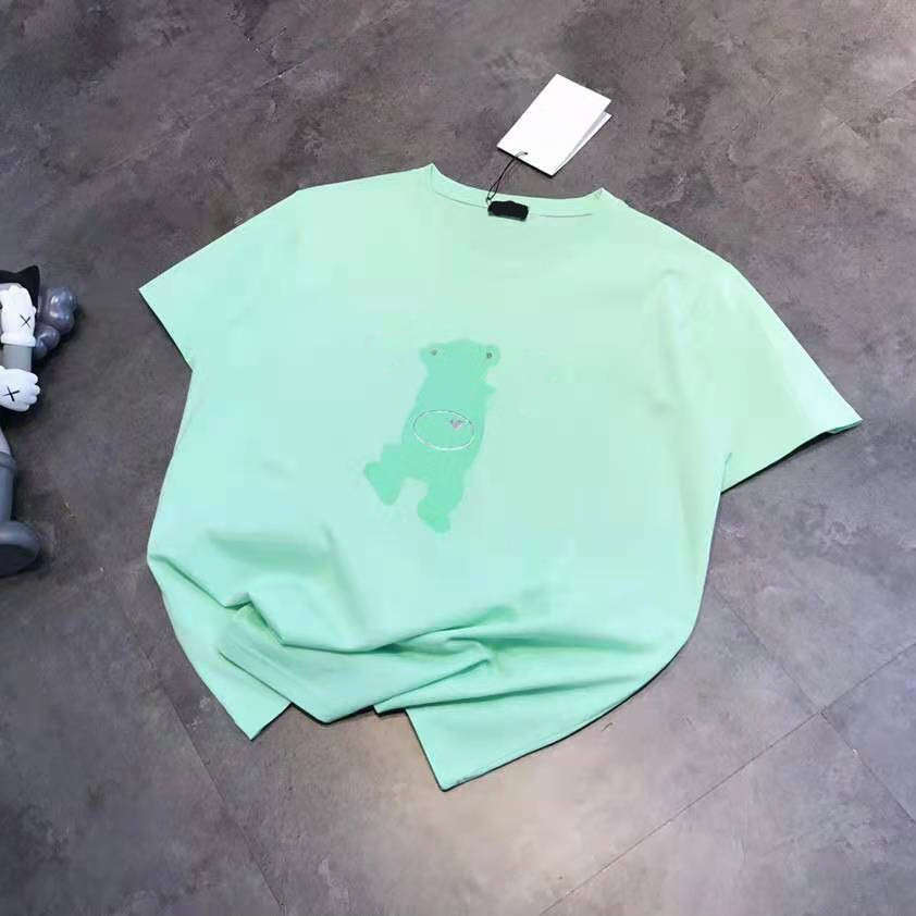 

t shirt fashion brand laser zipper teddy bear print mint green short sleeves for men and women, White