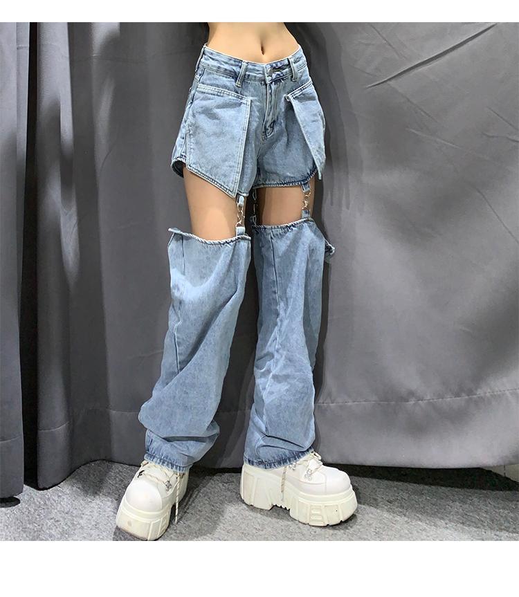 

2021 New Women' Brim the High Street Splice Wide-legged Hip-hop Loose Cotton Retro-current Removable Nice Girls Denim Pants From Wrab, Light blue
