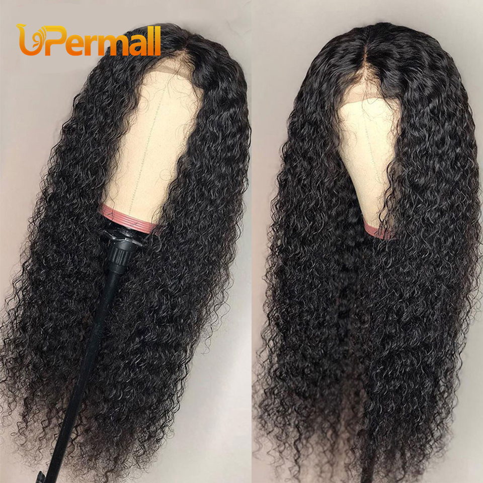 

Upermall Brazilian Curly Wave Wig Transparent Lace Wigs Brazilian Hair Wigs 4x4 Lace closure Human Hair Wig, Natural color