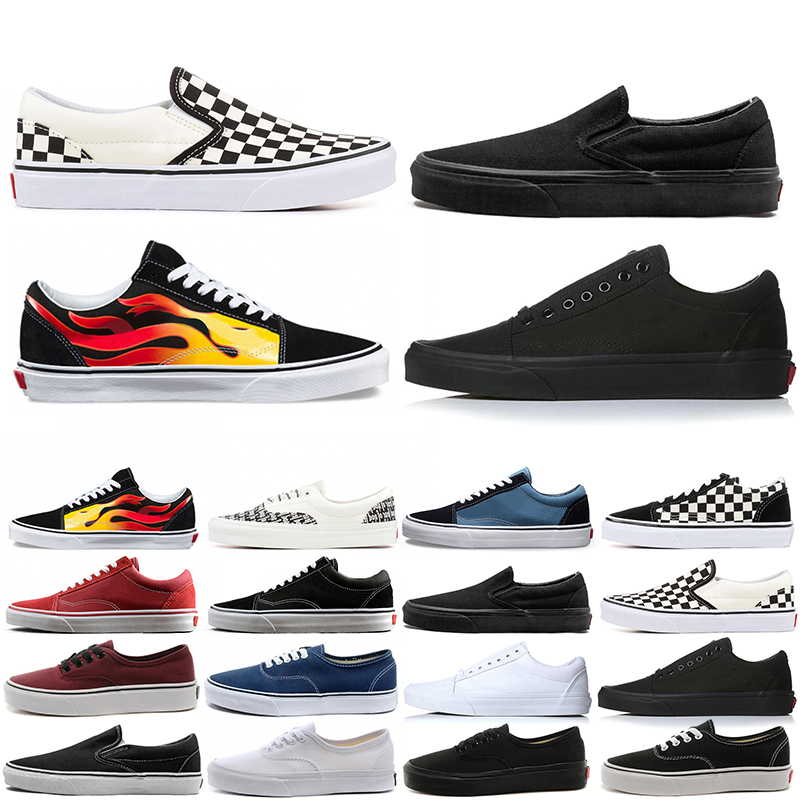 

men women running shoes old skool canvas sneakers slip on classic black triple white red Blue Checkerboard Flames mens trainers outdoor Skateboard fashion