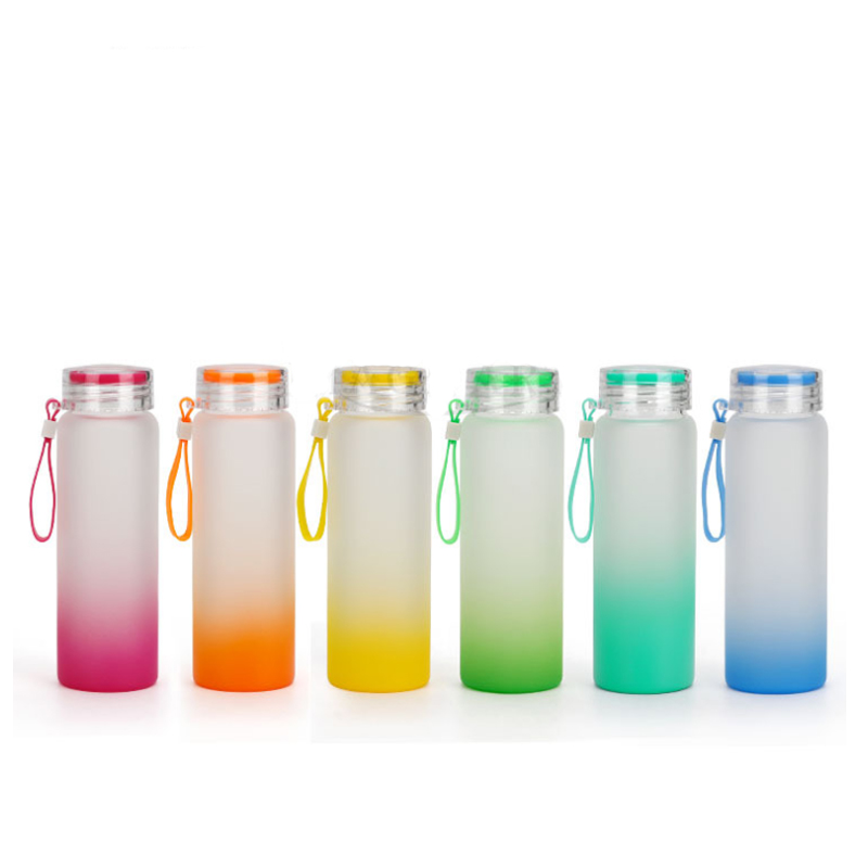 

6 colors 500ml Sublimation Blank Glass Cups Water Bottle Frosted Gradient Color Drinkware Matte Glasses Tumbler Mugs With Caps & Silicone handles, As pic show