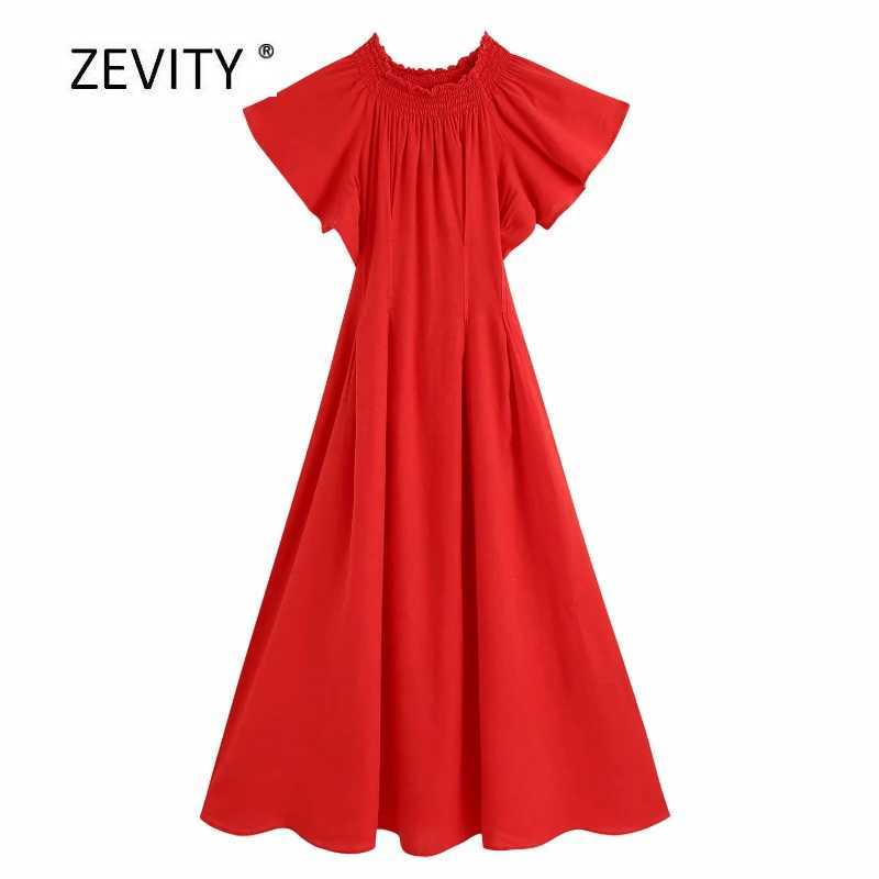 

Zevity Women fashion off shoulder elastic pleats red midi dress Ladies vacation style short sleeve vestidos Chic Dresses DS4033 210603, As pic ds4033bb