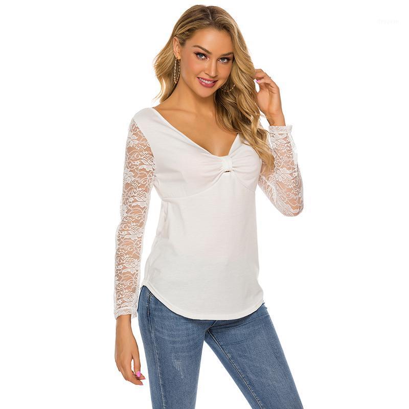 

Women' T-Shirt Sexy Tops Women Long Sleeve Slim T Shirt Summer Ladies Casual V-neck Tees Top Solid Color Lace Patchwork, White