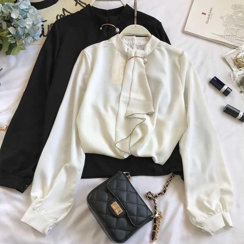 

autumn women clothing long sleeve bow tie shirts Korean loose chiffon blouse shirt solid color 210601, Blue