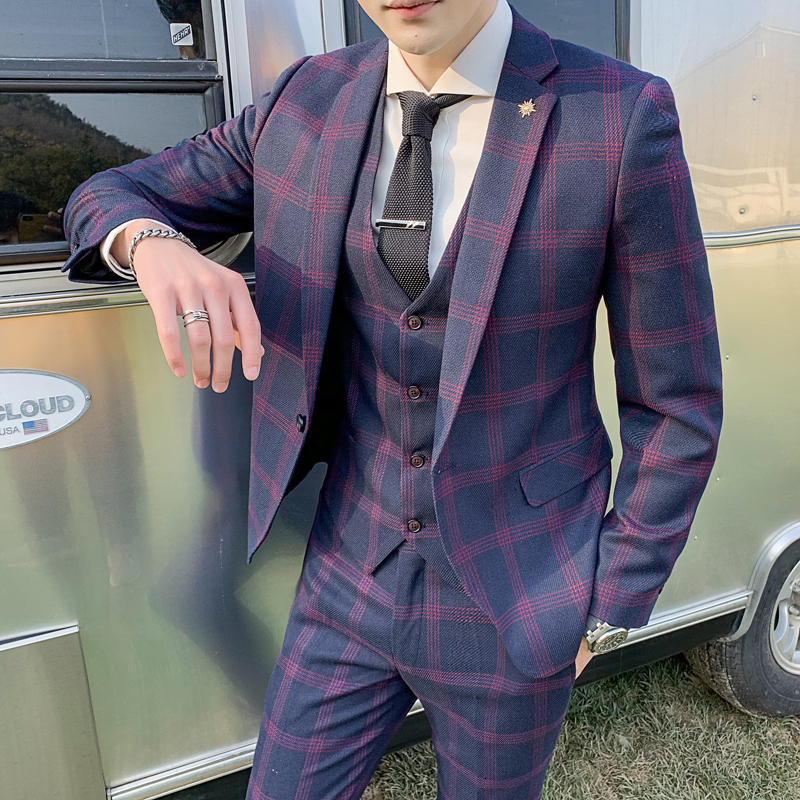 

2021 New (jacket+pants+vest) Luxury Suit 3 Piece Set Fashion Boutique Lattice Groom Wedding Men's Tuxedo Men Banquet Club Z28o, Yellow