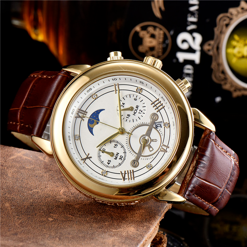 

2-2Men's gold watches leather strap quartz movement fashion small dial Monte luxury sports work Commerce military